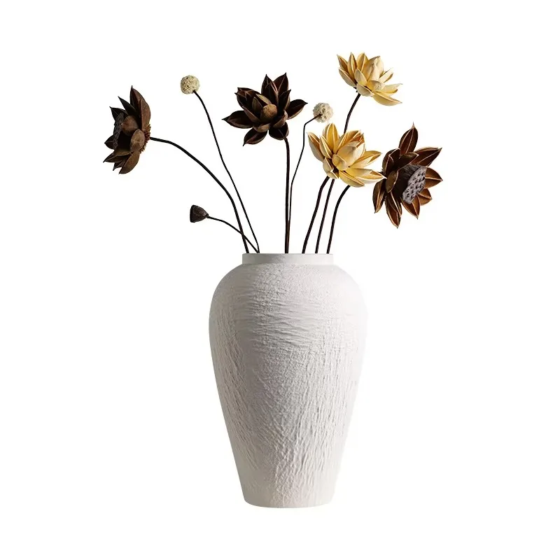 Wabi Sabi Ceramic Vase, Natural Travertine & Pottery Jar, Minimalist Dried Flower Arrangement Pot for Hotel and Home Table Decor