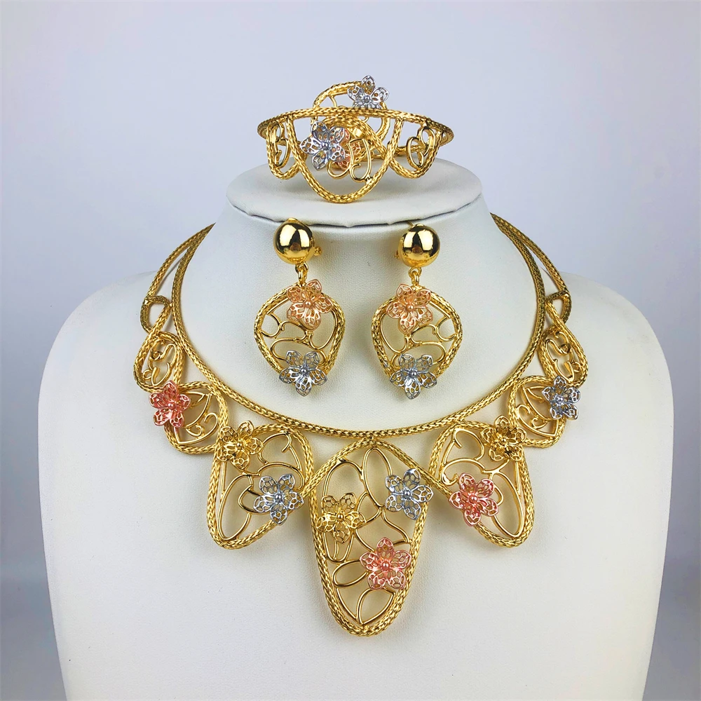 Dubai Jewelry Set For Women Gold Color Hollowed Out Earrings Flower Necklace Bangle Ring Nigeria Elegant Bride Party Easter Gift