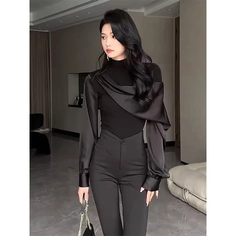 MEXZT eleganckie czarne koszule damskie moda luksusowe patchworkowe bluzki biurowa, damska koreańska, z długim rękawem Slim Chic Design topy nowość