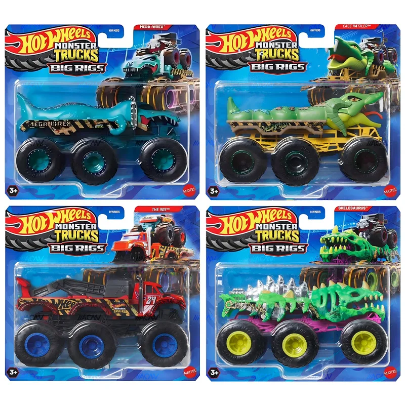 Coche Hot Wheels Original, camión monstruo, grandes aparejos, jaula 909, Rattler Mega Wrex, tigre, tiburón, modelo de vehículo, juguetes para niños, regalo de cumpleaños