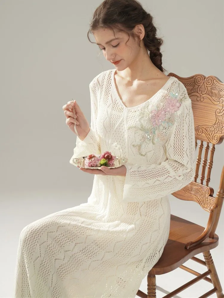 

94cm Bust Spring Fall Knitted Wool Dresses For Women Elegant Loose Sexy V-Neck Embriodery Beadings Sequines Crochet White Dress