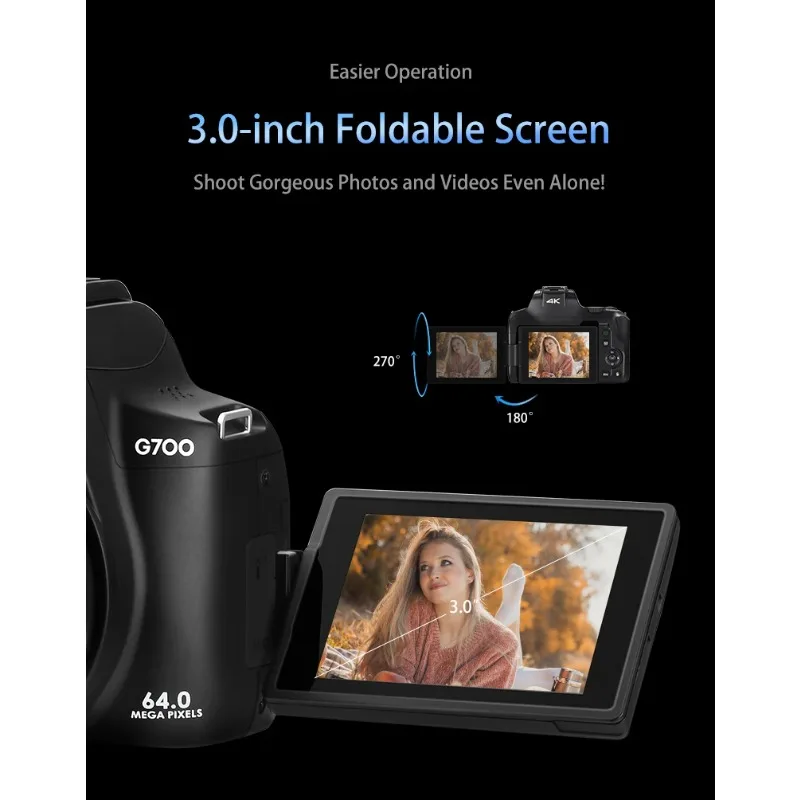 G700 12X Optical Zoom Digital Camera with Rotating Screen 64MP 4K UHD Auto/Manual Focus LED Flash Vlog Camaras Video Camcorder