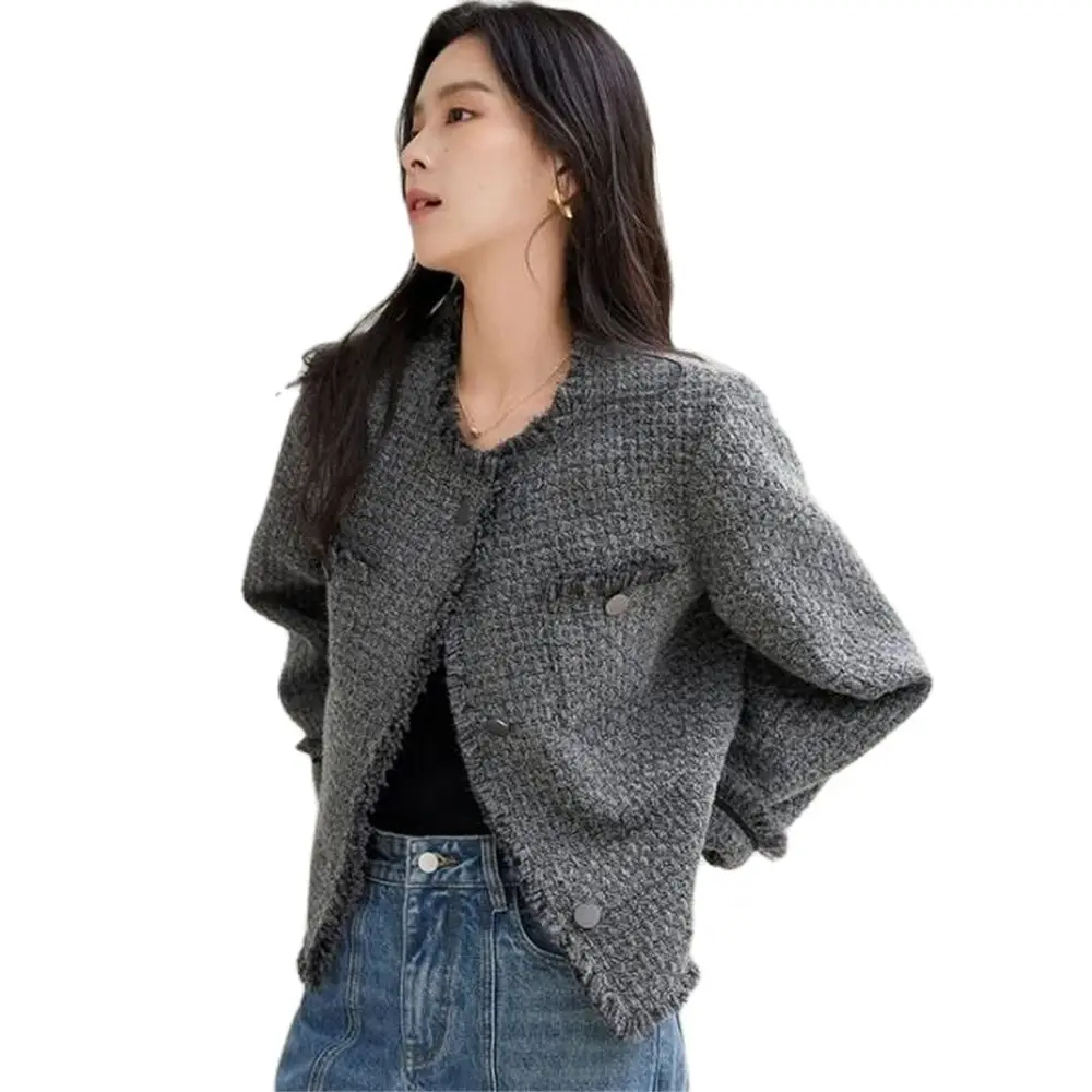 

Gray Fringe Tweed Jacket Blazer Boucle Crop Coat for Women 2024 Spring Outerwear Autumn Clothing Raw Edge Overcoat