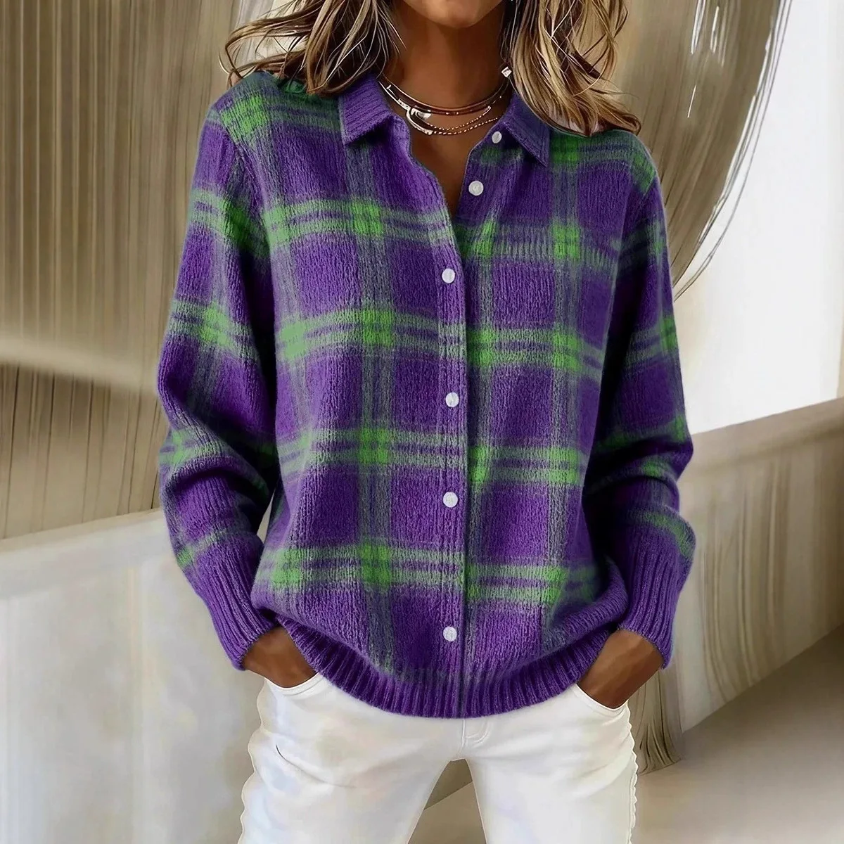 Women's Random Loose Fit Autumn. Winter Plate Long Sleeve Turn-down Necklace Shirt Sweater Cardigan. Luxury Clothing Femme
