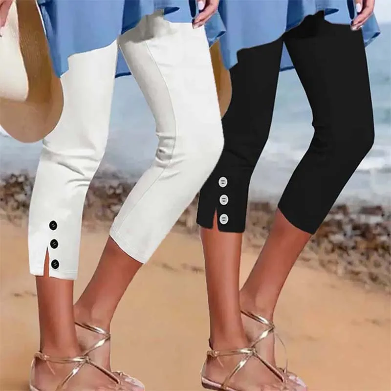BWQ 2026 Cross border Summer Mid waist Elastic Solid Color Seven point Pants Tight Fashion Sexy Button up Casual Pants for Women