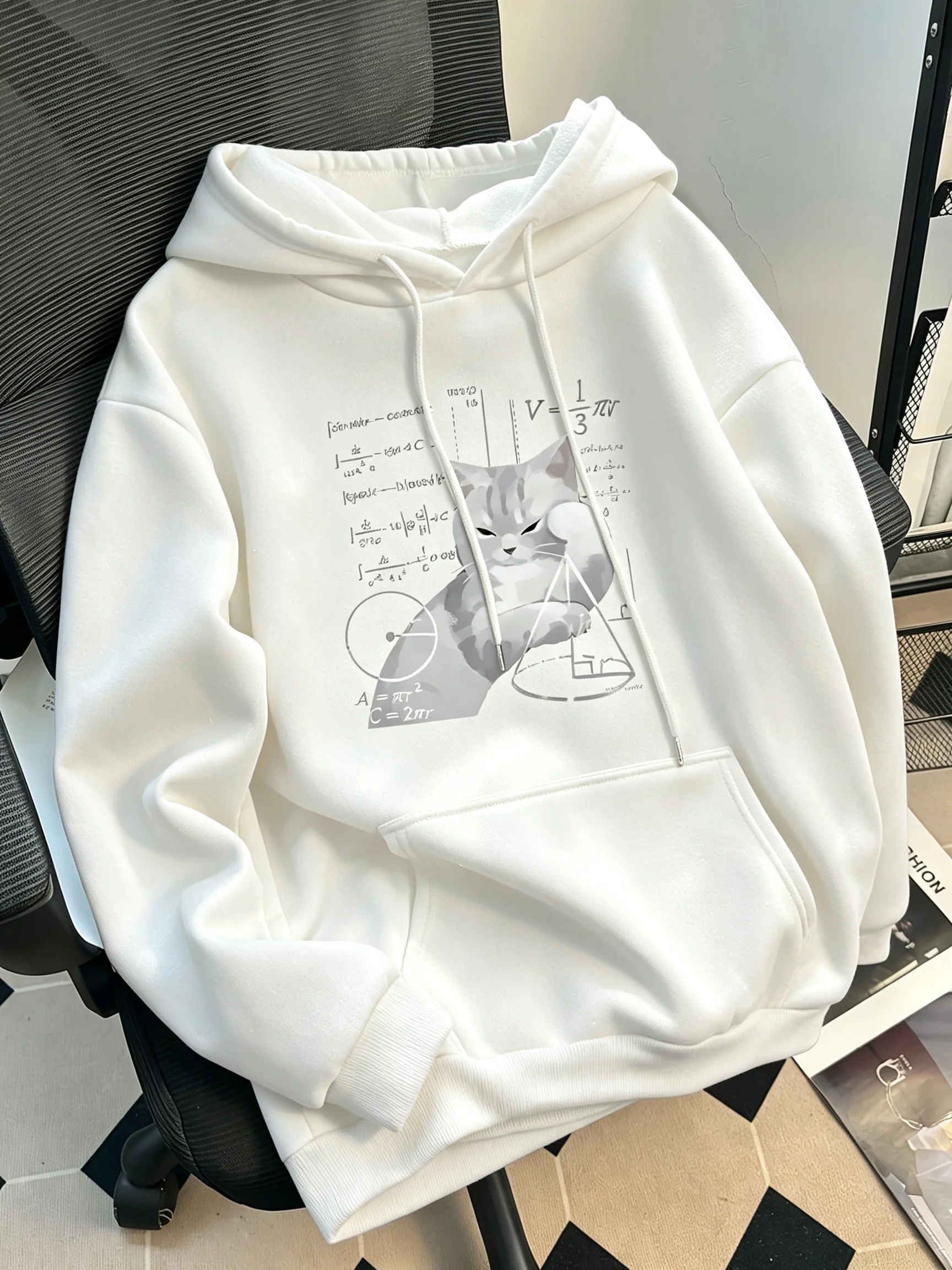 Lustiger Damen-Kapuzenpullover mit langen Ärmeln und Aufdruck "Katze und Mathematische Formel", lockerer, lässiger Alltags-Sweatshirt-Hoodie für Frauen. – Detail 4