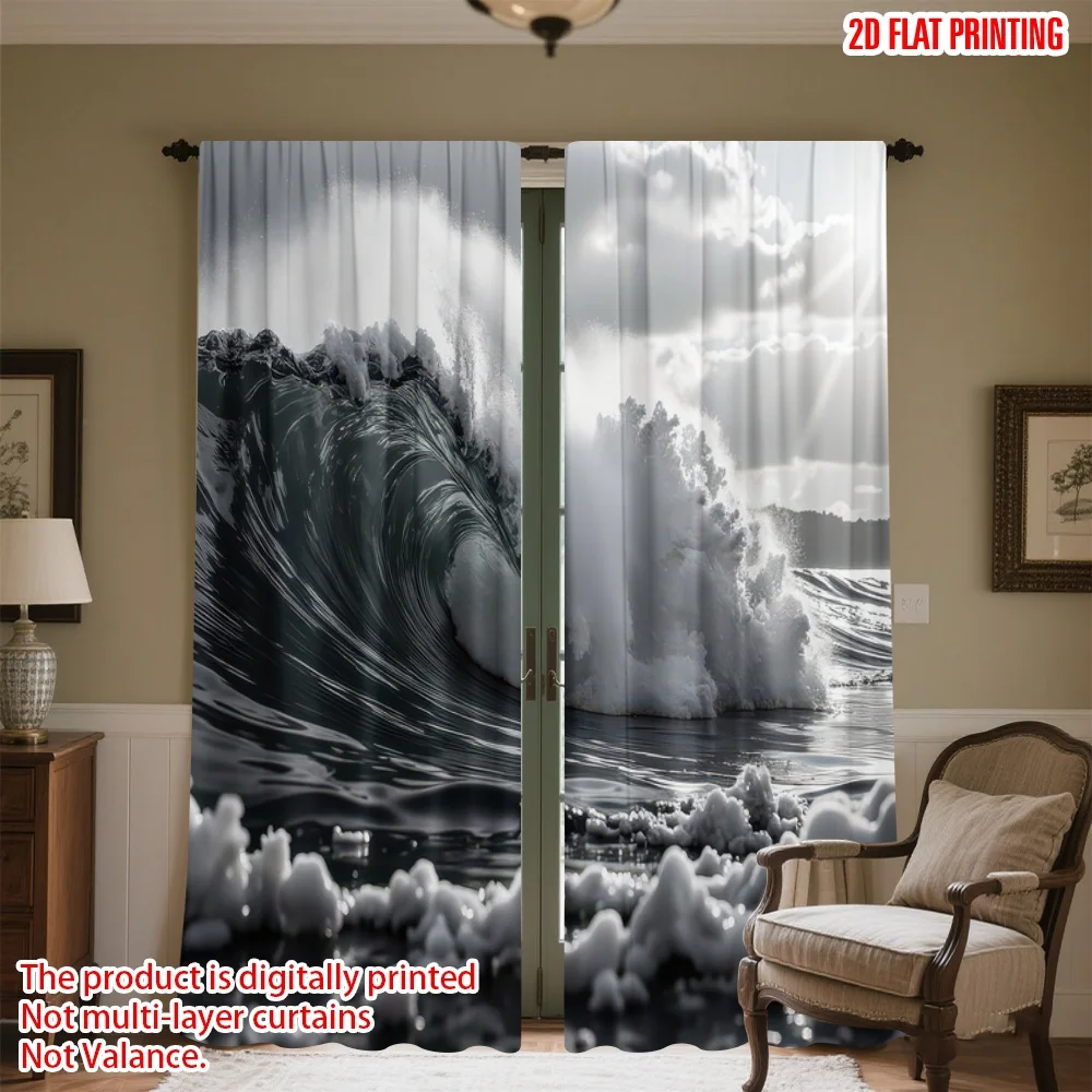 

2D flat printing 2pcs Party Curtains Crashing Ocean Wave Digital Printed Polyester Drapes Festive Wall Decor Use for Room