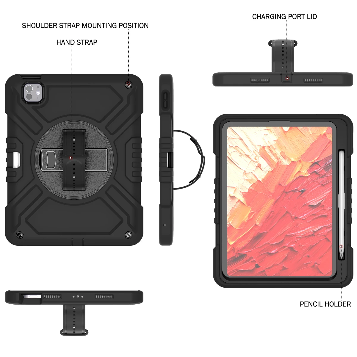 Противоударный чехол для iPad pro 11 дюймов (2024 г.) с 360° °   Вращающийся ремешок для рук, портативный плечевой ремень и слот для карандашей