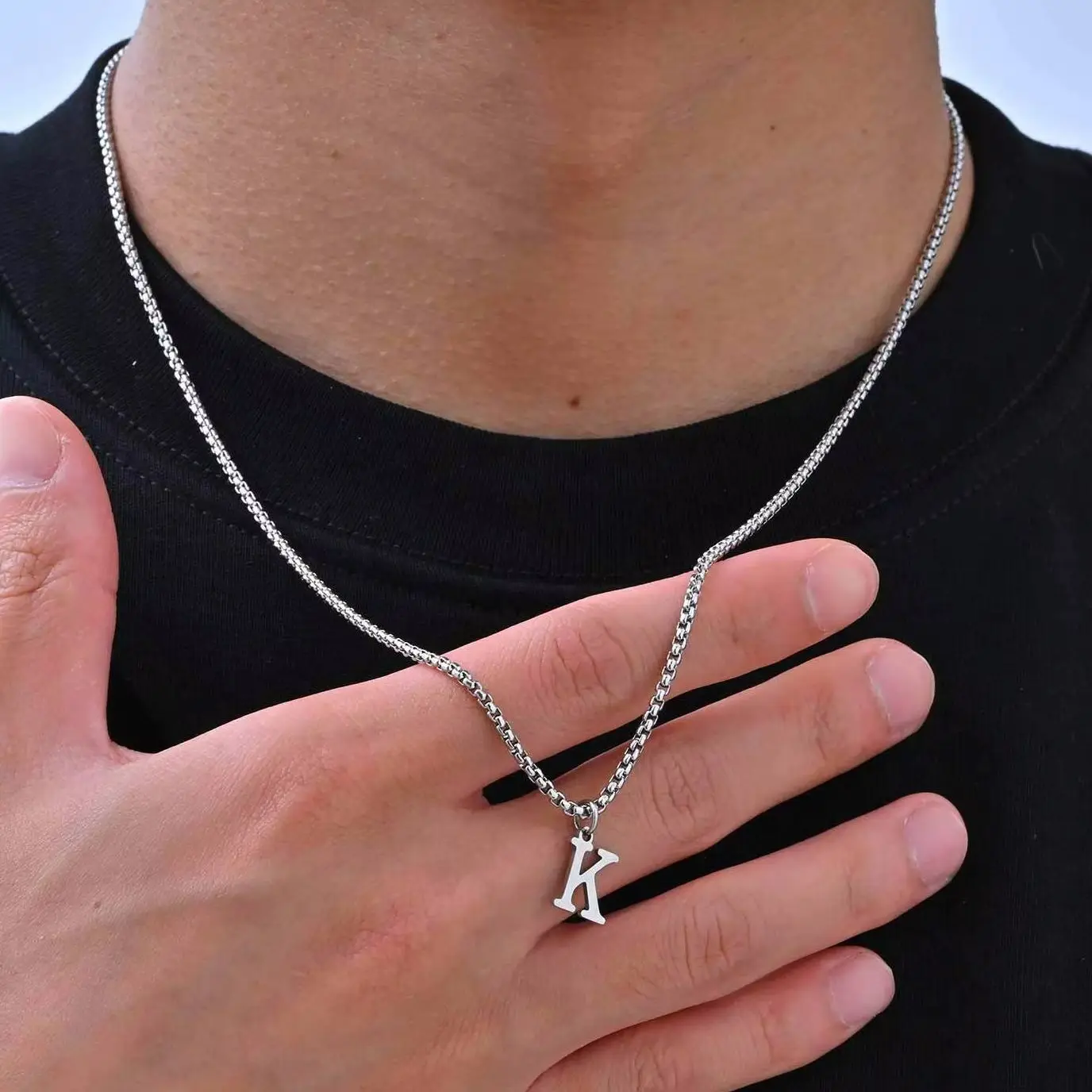 Men's Stainless Steel Initial Necklace A-Z 45cm Silver