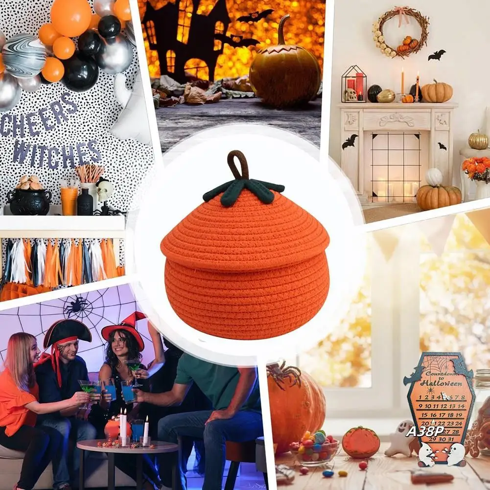 

Halloween Dustproof Pumpkin Woven Basket With Lid Desktop Storage Basket Cosmetics Sundries Snack Storage Basket