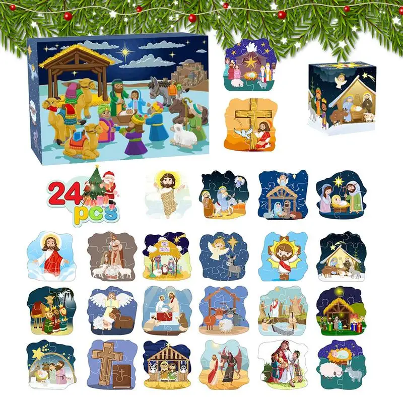 Nativity Scene Puzzles 24 Grids Winter Jigsaw Puzzle Decoration Religious Scene Puzzle Calendar Winter Festival Puzzle