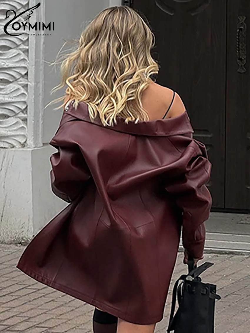 Oymimi Fashion Wine Red Pu Leather Damski dwuczęściowy zestaw Eleganckie koszule z długim rękawem i mini sukienki z paskiem do spaghetti