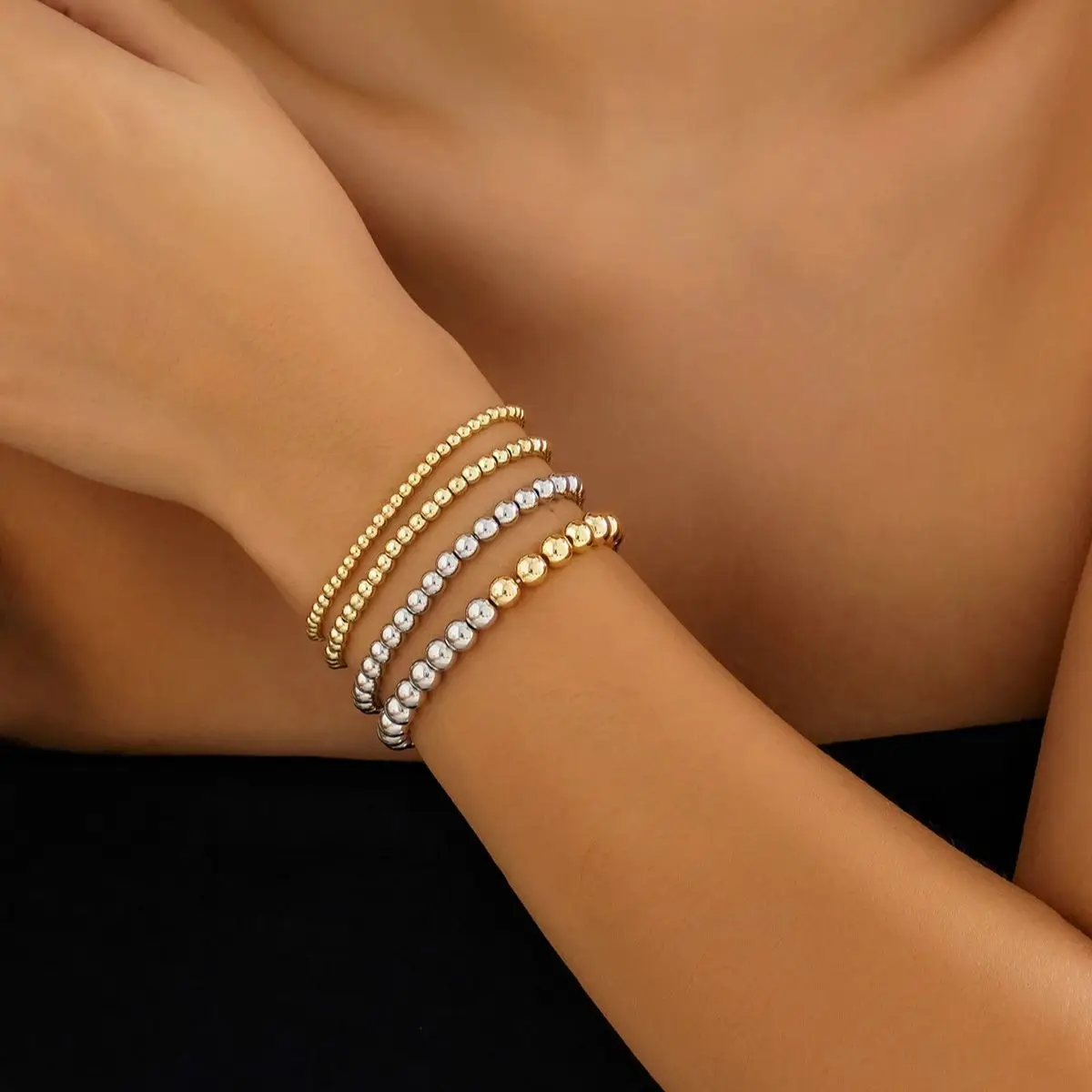 PuRui Trendy Gold Color Silver Color Mixed Round CCB Ball Beaded Bracelet for Women Bangles Ladies Jewelry Party Wedding Gifts