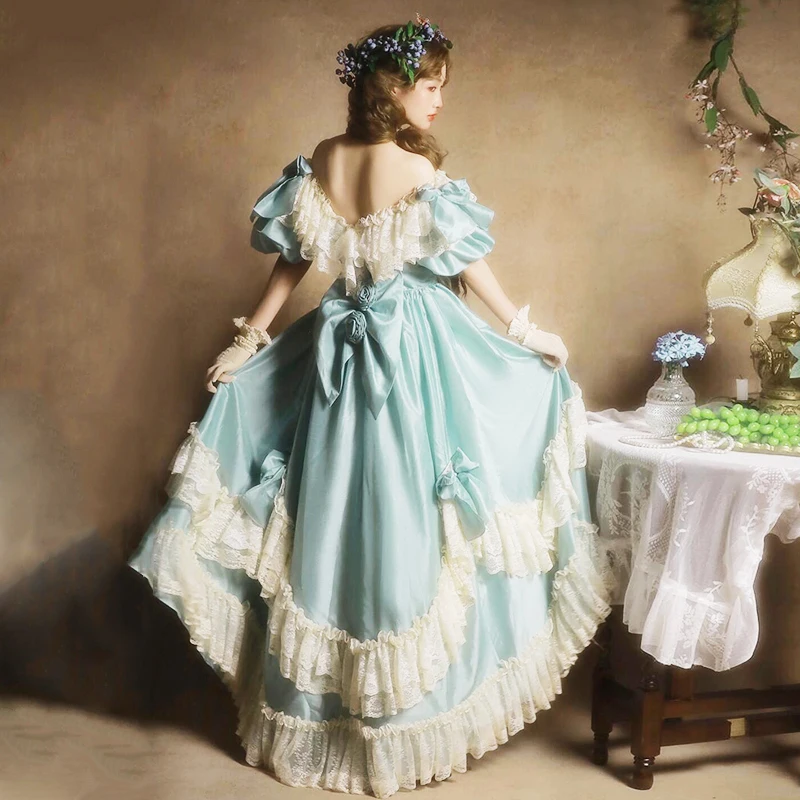 AnXin SH princess Mint Green satin white flower lace boat neck rose bow Antique ball gown lace up customized wedding dress