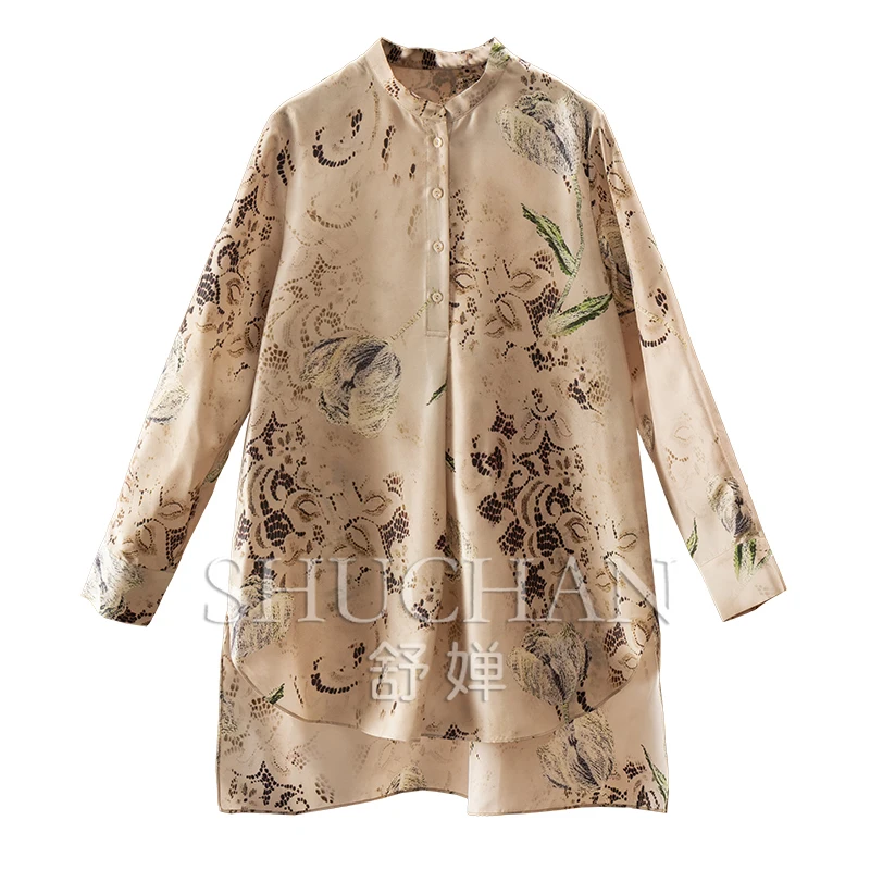 

New Art Printing Natural Silk Electric Spinning Loose Stand-up Collar Long-sleeved Shirt Women 13A2 blouse