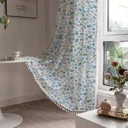 Flower Printed Cotton Curtains for Bedroom and Living Room, American Pastoral Style, Window Curtains, White, Blue, Green