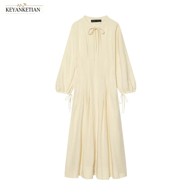 KEYANKETIAN 2026 Cream Midi Dress Ruffle Tie Neck Balloon Sleeve Drawstring Cuff Pleated Flowy A Line Vacation Long Dress