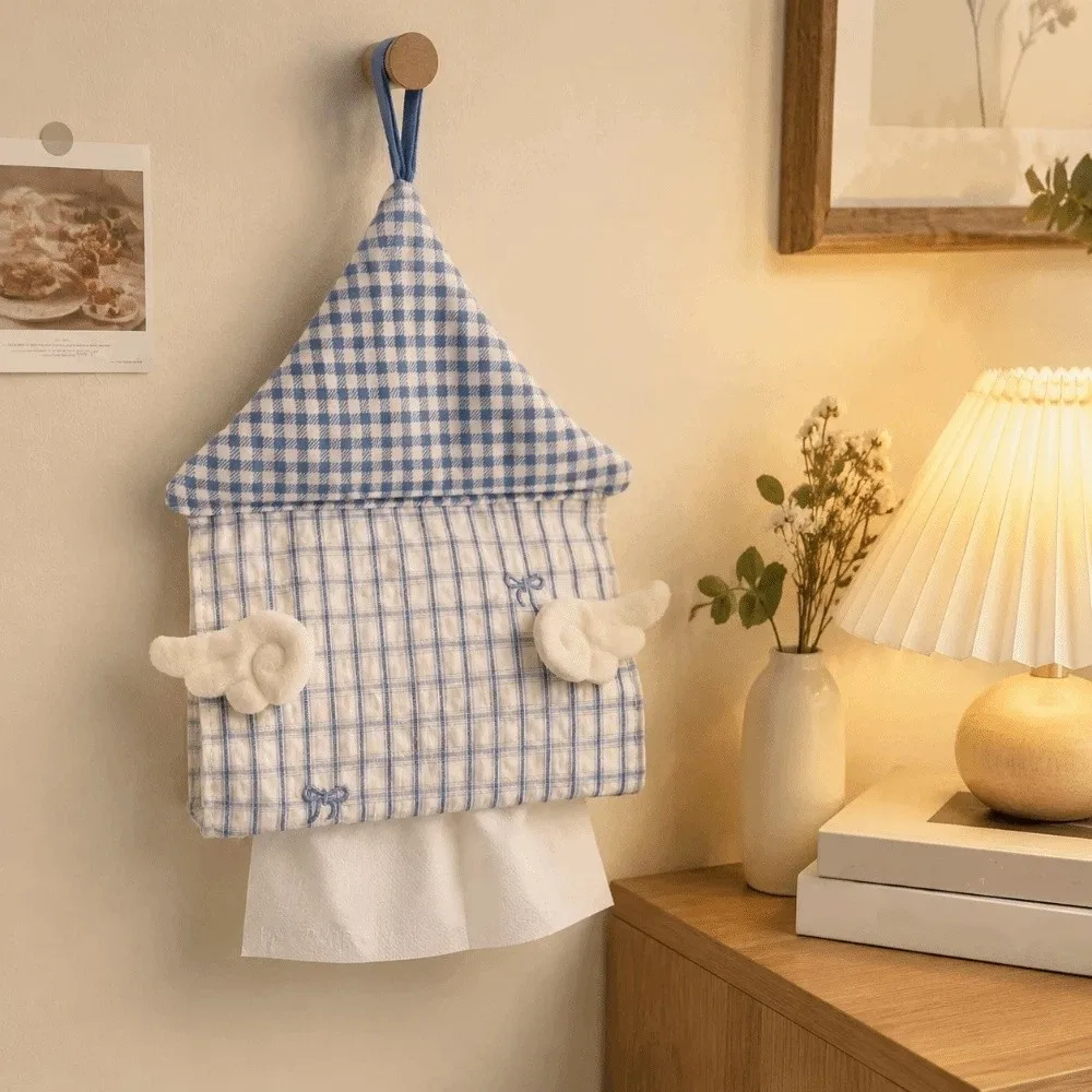 Kawaii House Shaped Hanging Tissue Holder Wings Stripe Grid Tissue Box Cover Soft Storage Organizer Napkin Holder Living Room