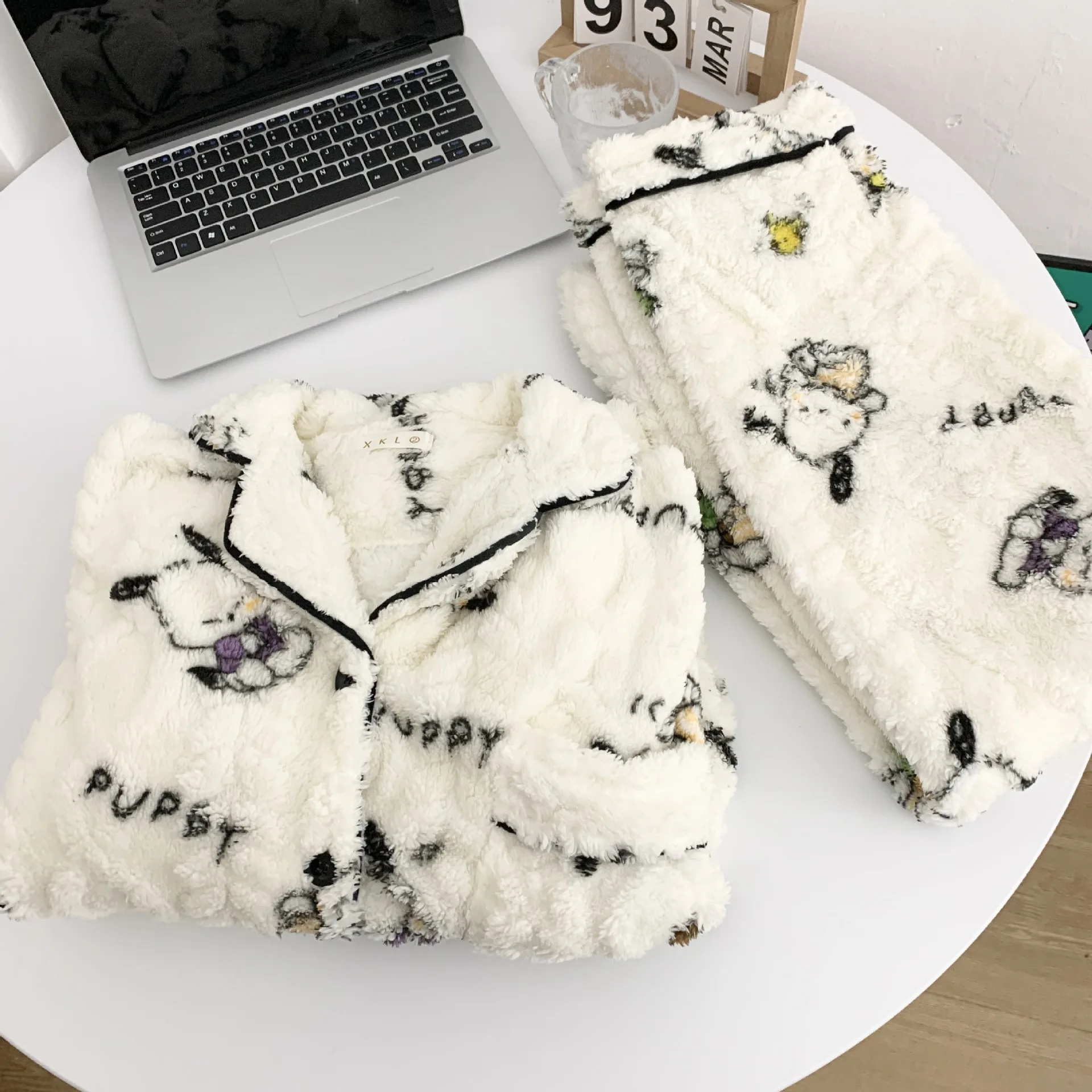 2Pcs Japanese Cute Snoopy Girls Pajamas Lapel Long Sleeved Long Pants Plush Pajamas Set Flannel Winter Thick Warm Homewear Gifts