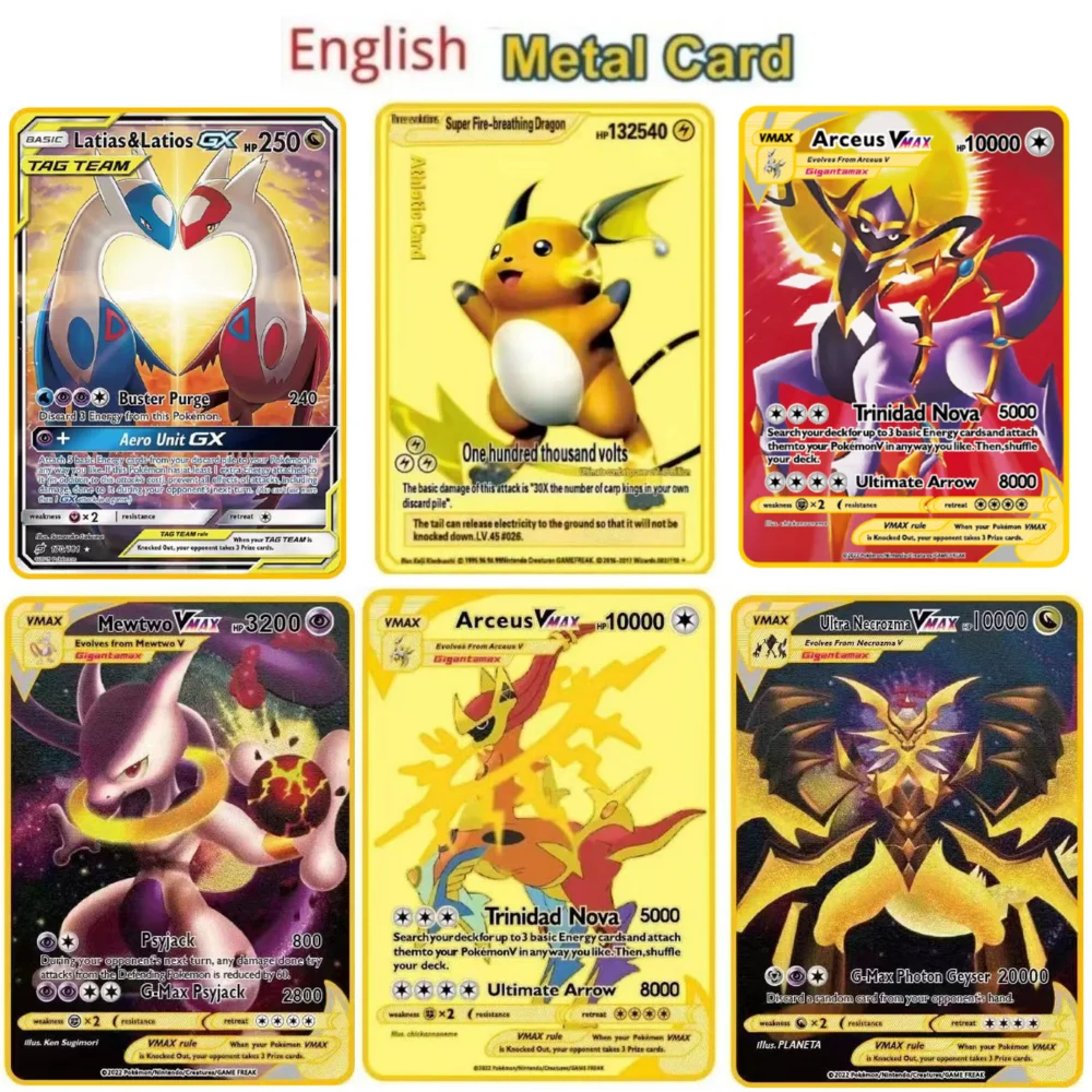 English 10000 points gx vmax pocket monster metal card charizard gold limited edition children's gift card collection game