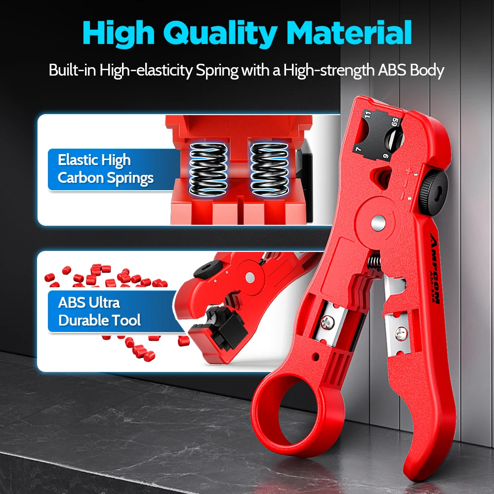 Ferramenta multifuncional AMPCOM para fios coaxiais/redondos/planos, descascador de fios e cortador com compressão