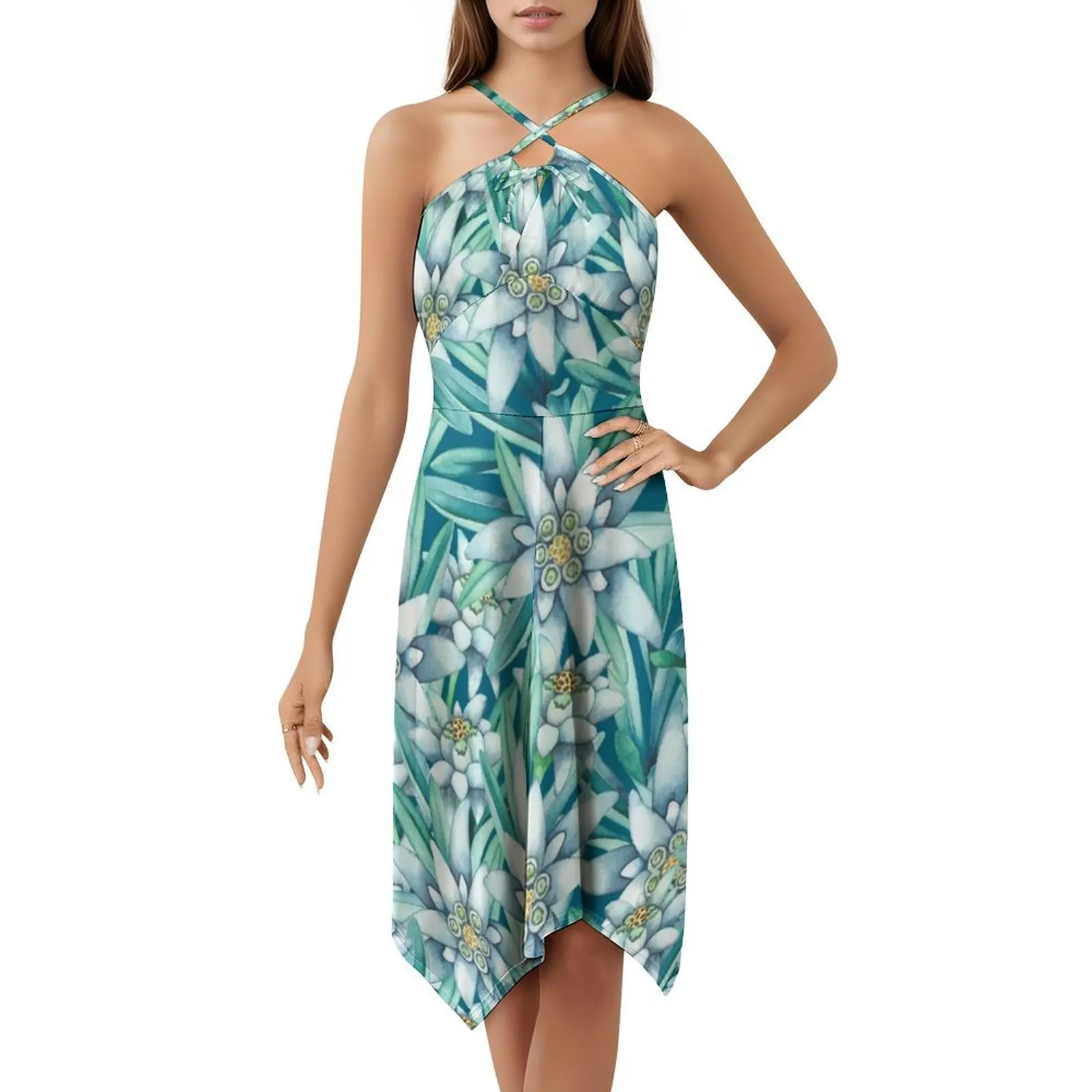 فستان إديلويس بألوان مائية على الطراز الكوري للنساء فستان كاجوال أنيق للحفلات أو الارتداء اليومي زهرة نبات إديلويس الزيتي