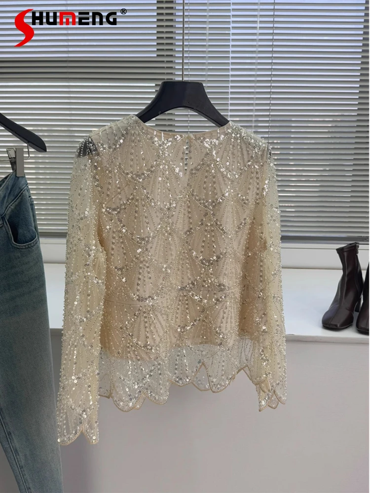 

Women's 2025 Spring New Fashion Long Sleeve Tops Trendy Ladies Diamond Sequined Lace Nice Shirts Women's Round Neck Sweet Shirt