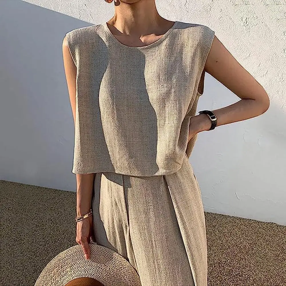 Summer Simple New Cotton Linen Suit Fashion Casual Loose Two-piece Sleeveless Top Loose Wide-leg Pants Ladies Pants Sets