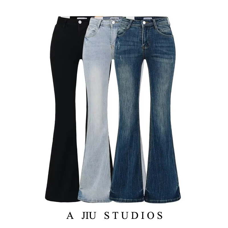 

Low Waist Bell Bot Jeans Women's Slim Fit Retro American Sle Casual Floor Length Pants Autumn Versatile Hip Enhancing