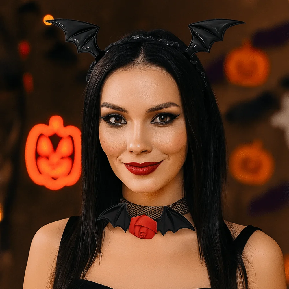 

Funny Flower Bat Wings Hairband Mesh Lace Headband Necklace Set PU Leather Gothic Halloween Hair Hoop Costume Accessory