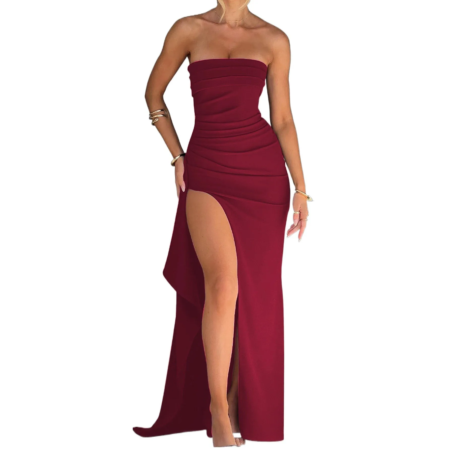 High Slit Slim Fit Gown with Loose Waist Commuter Chic Pleated Dress for Women Daily Party Beach Travel Spring Camping Date