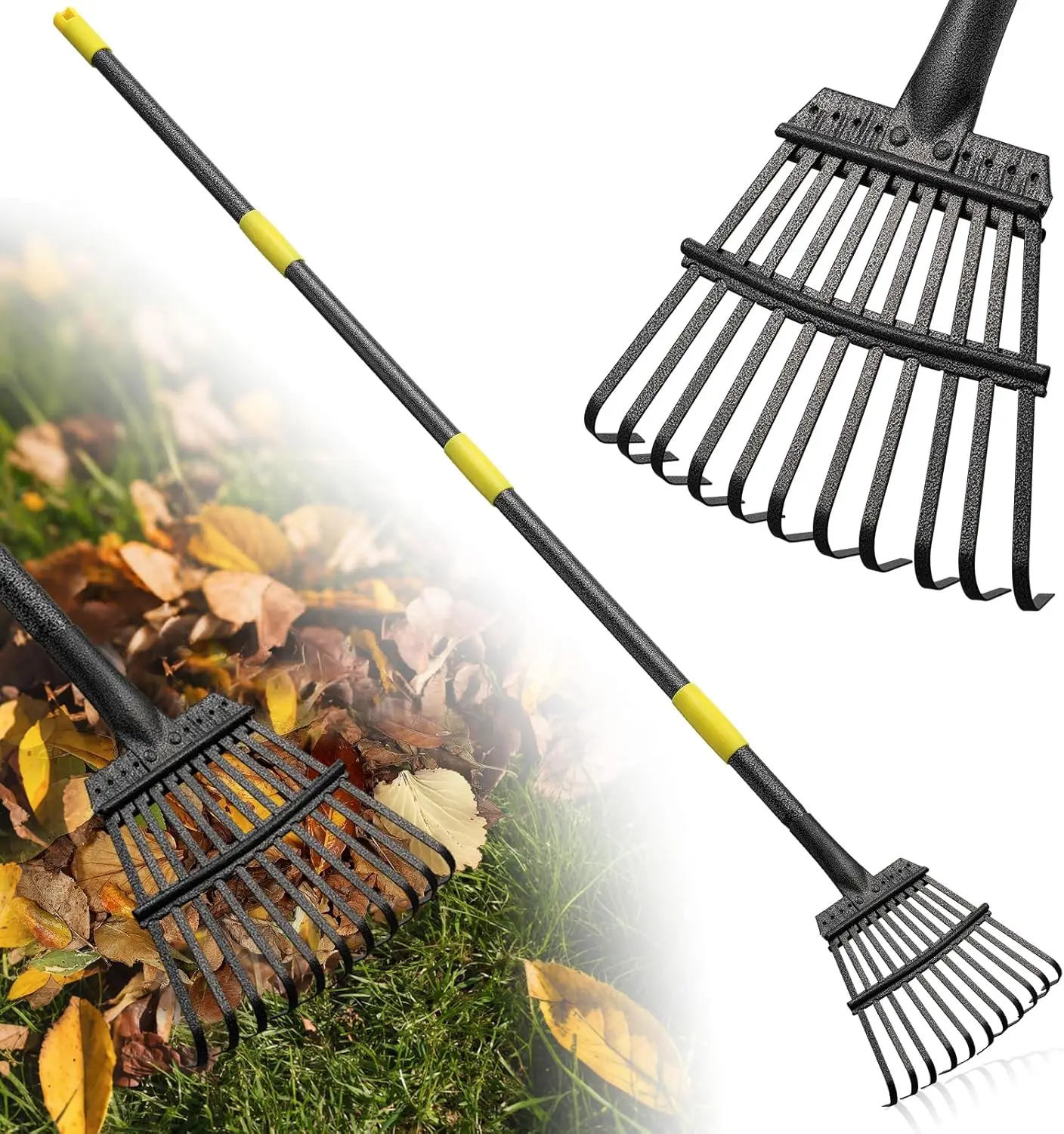 

8.5" Heavy Duty Metal Leaf Rake, 11 Tines, 72" Handle for Garden Lawn Cleanup