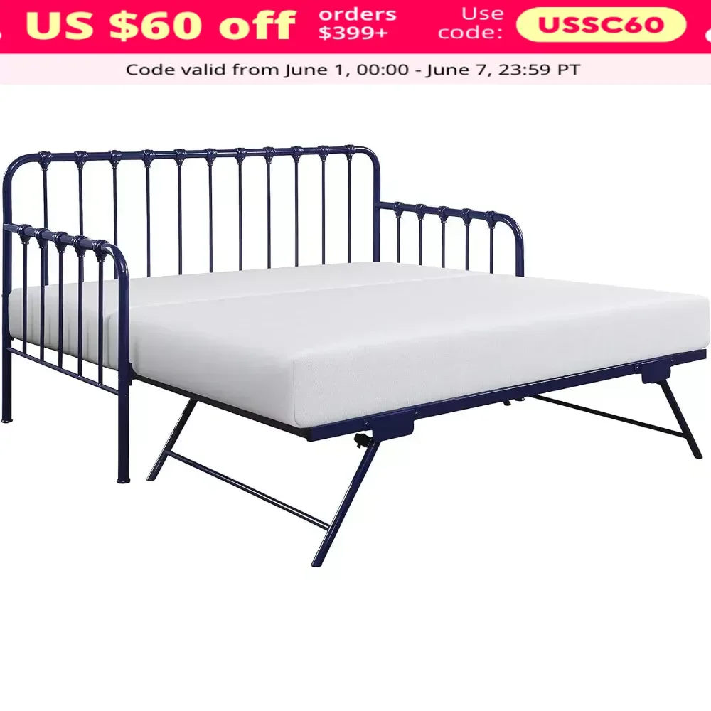 

Daybed with Trundle, Mattress Foundation, Steel Slat Support, Easy Assembly, Multi-Functional Furniture, Twin Size Daybed