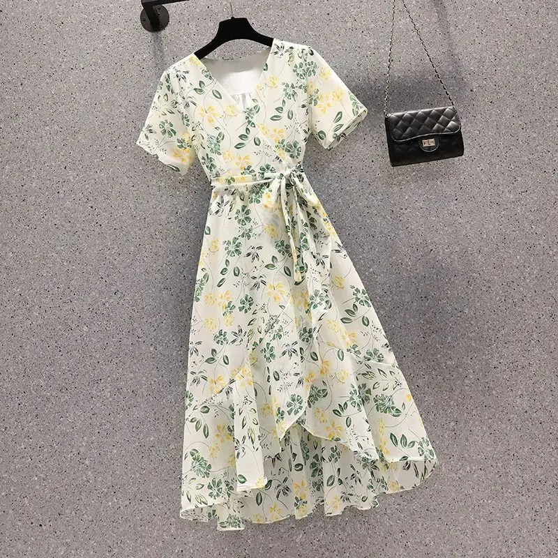 Französisches Chiffonkleid mit Blumendruck, Übergröße, schlankmachendes Midikleid in A-Linie, lässig, elegant