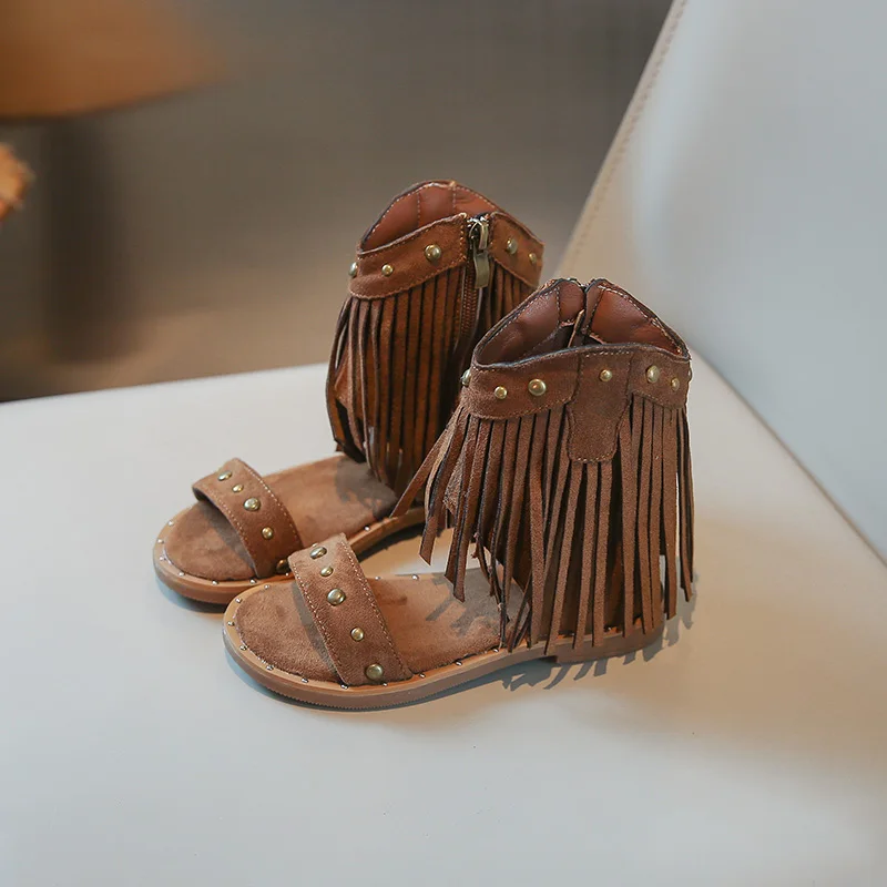 Studded Sandals Fashion Children's Shoes Girls Sandals Low Heel Tassel Summer Roman Shoes Luxury Corrective Tassel Boots 2025New