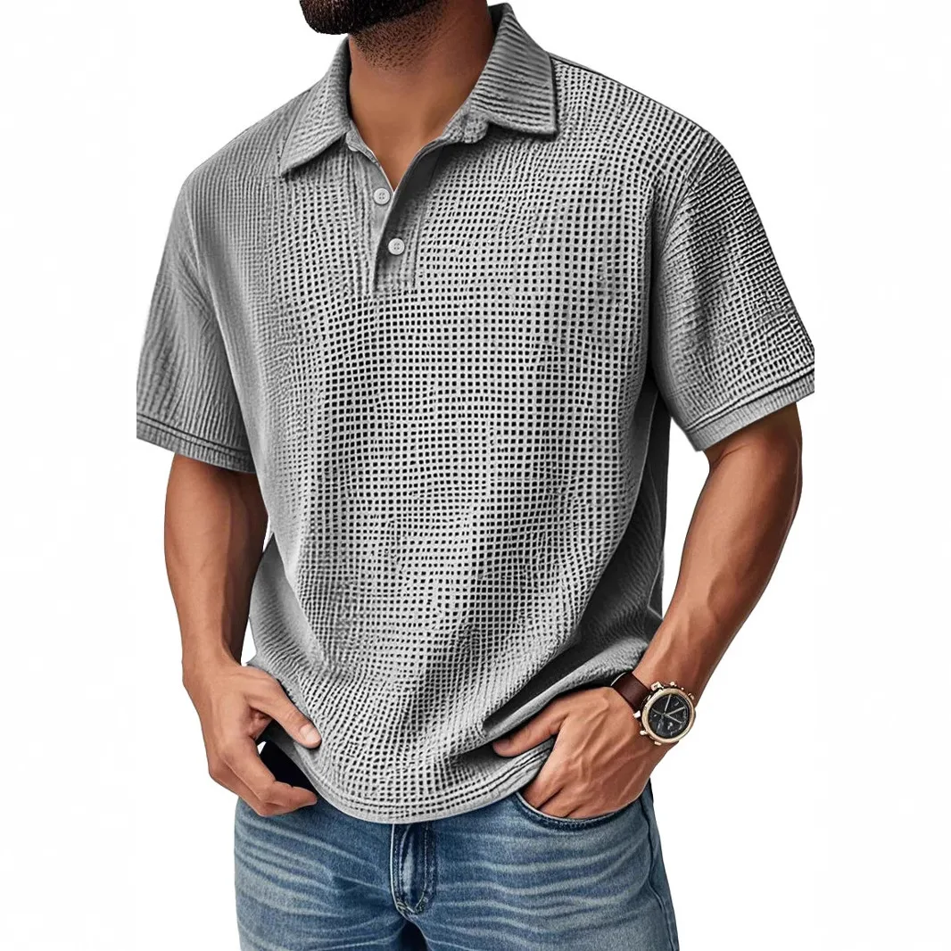 

2025 New Men's Short-Sleeve Casual Polo Shirt with Waffle Knit Buttons