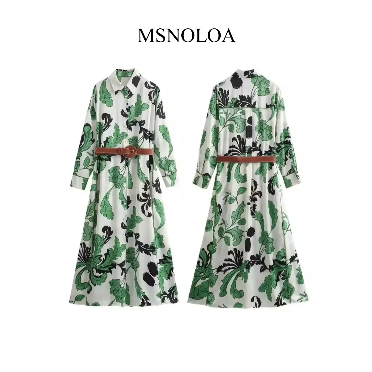여성용 실크 새틴 질감 프린트 원피스, 전면 슬릿 디자인 롱 스커트, 벨트 셔츠 스타일, 신상