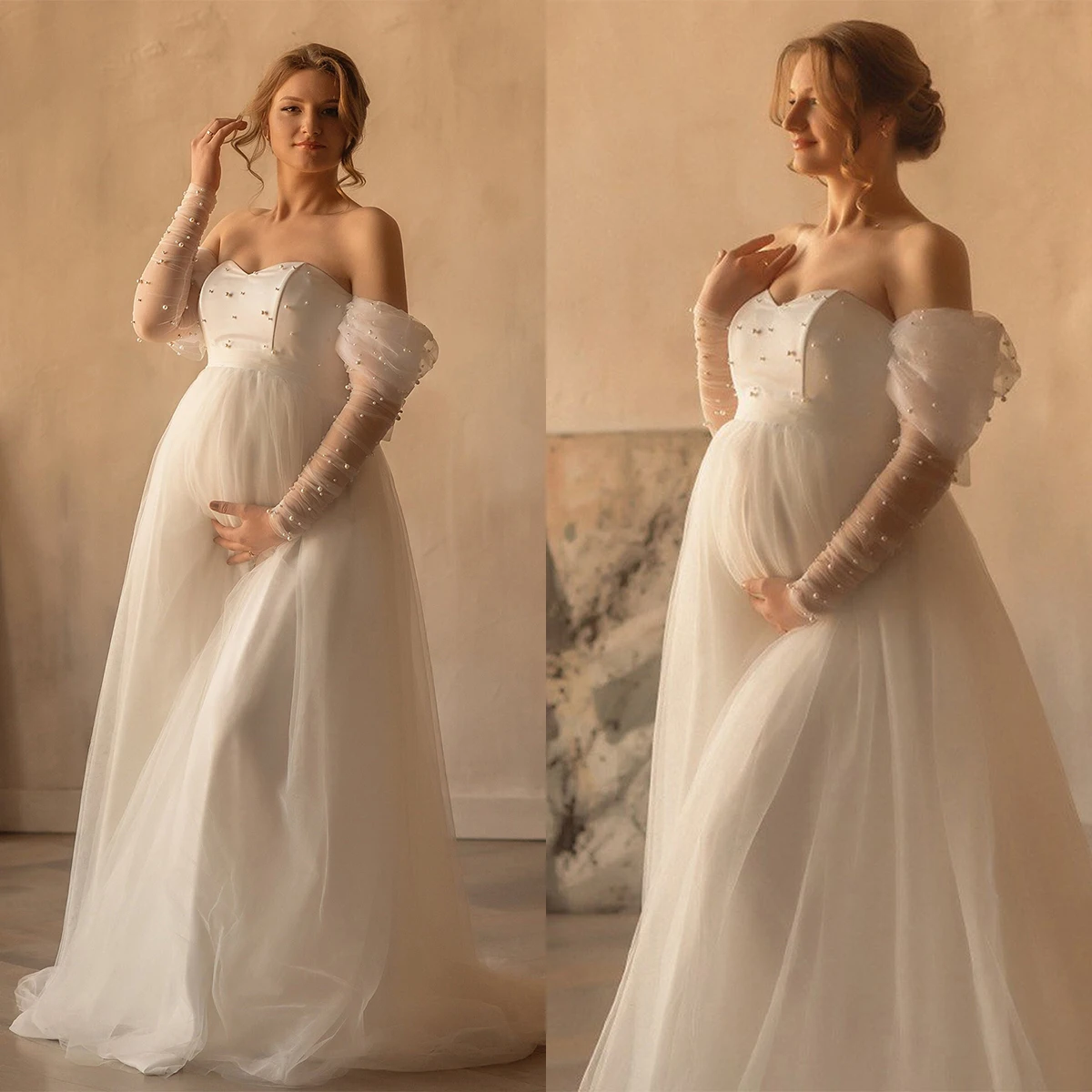 Exquisite Dresses Women Robe Strapless Off Shoulder Pearls Maternity Dressing Shower Gown for Photography Custom Made