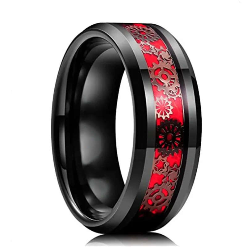 8mm Cool Mechanical Gear Wheel Ring for Men Vintage Steampunk Black Carbon Fiber Inlay Ring Mens Wedding Band ﻿
