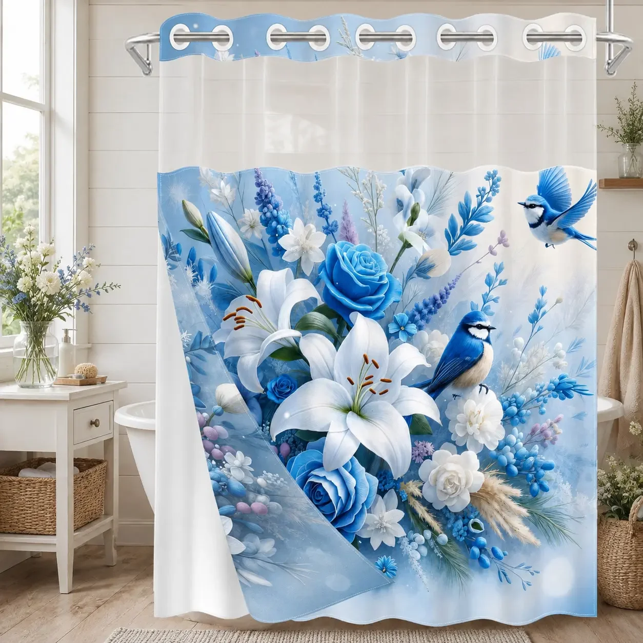 Blue Lily Rose Bird Floral Double‑Layer No‑Hook Shower Curtain, 72×74 Inch with Snap‑In Removable Waterproof White Liner & Sheer Mesh Top, Machine Washable Farmhouse Garden Bathroom Decor for Home, Dorm & Hotel
