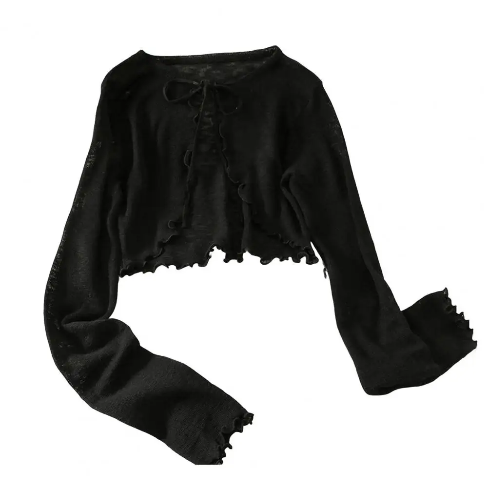 Тонкие дышащие футболки с длинным рукавом, женский кардиган с кружевным бантом, блузка, одежда с оборками, солнцезащитная верхняя одежда, блузка для чехлов