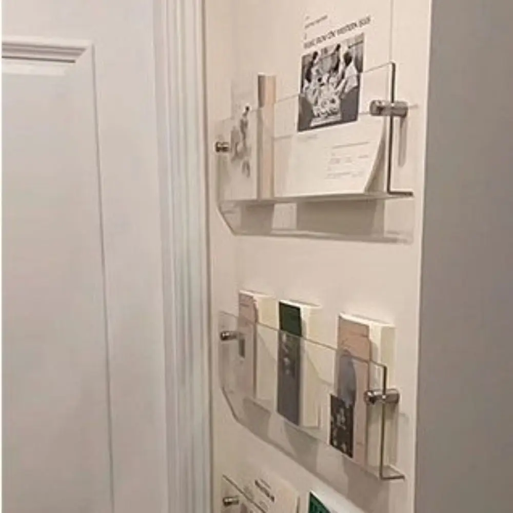 حامل كتيب للمجلات من الأكريليك، منظم أدب، أرفف كتب عائمة على الحائط، سجلات حامل بامفليت إيطالي