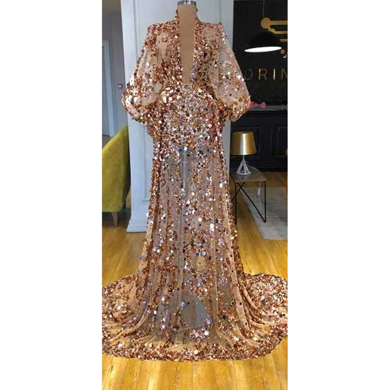 Luxury Golden Formal Prom Dress Long Puff Sleeves Sparkly Sequins Illusion Tulle Evening Party Gown Custom Made Robes De Soirée