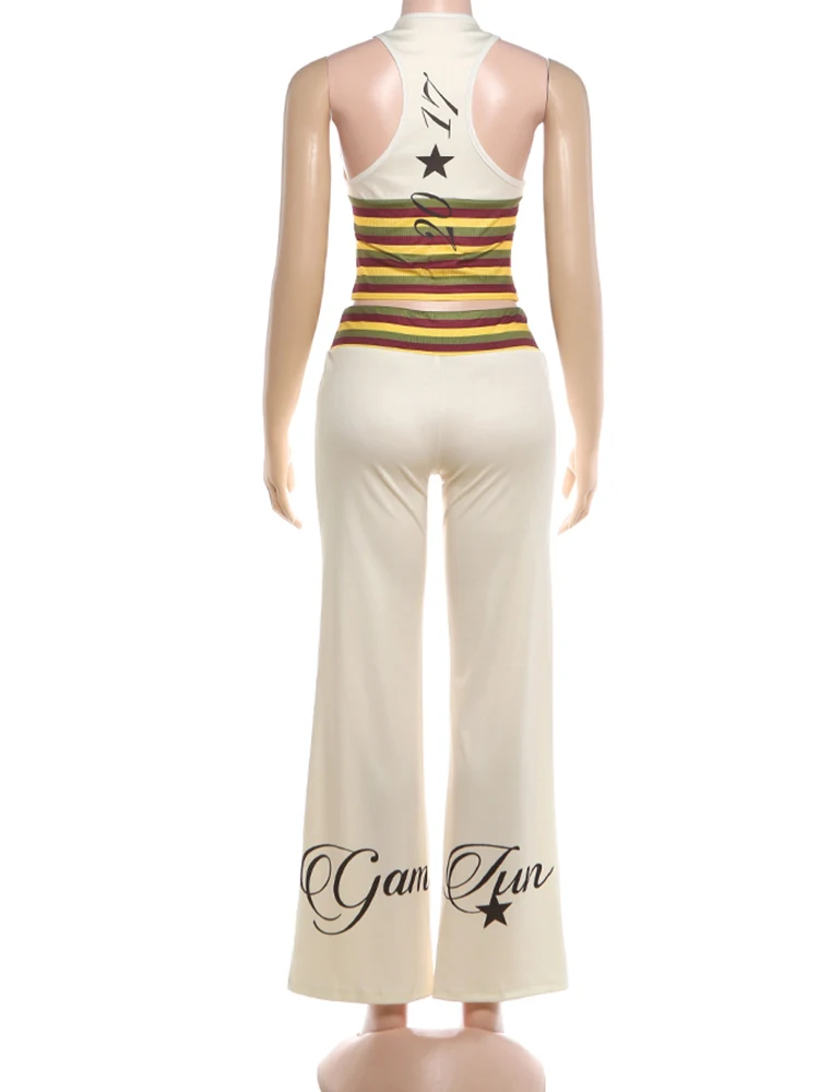 Nibber ärmelloses Tanktop mit Buchstaben-Aufdruck und V-Ausschnitt + Hose mit weitem Bein, lässiges gestreiftes 2-teiliges Set für Damen, trendiger, schicker Street-Sportanzug – Detail 6