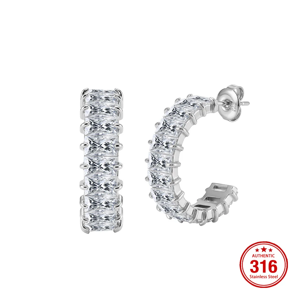 KISS MANDY Stainless Steel Irregular C Shape Hoop Earrings Trend Unique Design Elegant Zircon Jewelry Gift Wholesale HTKE03