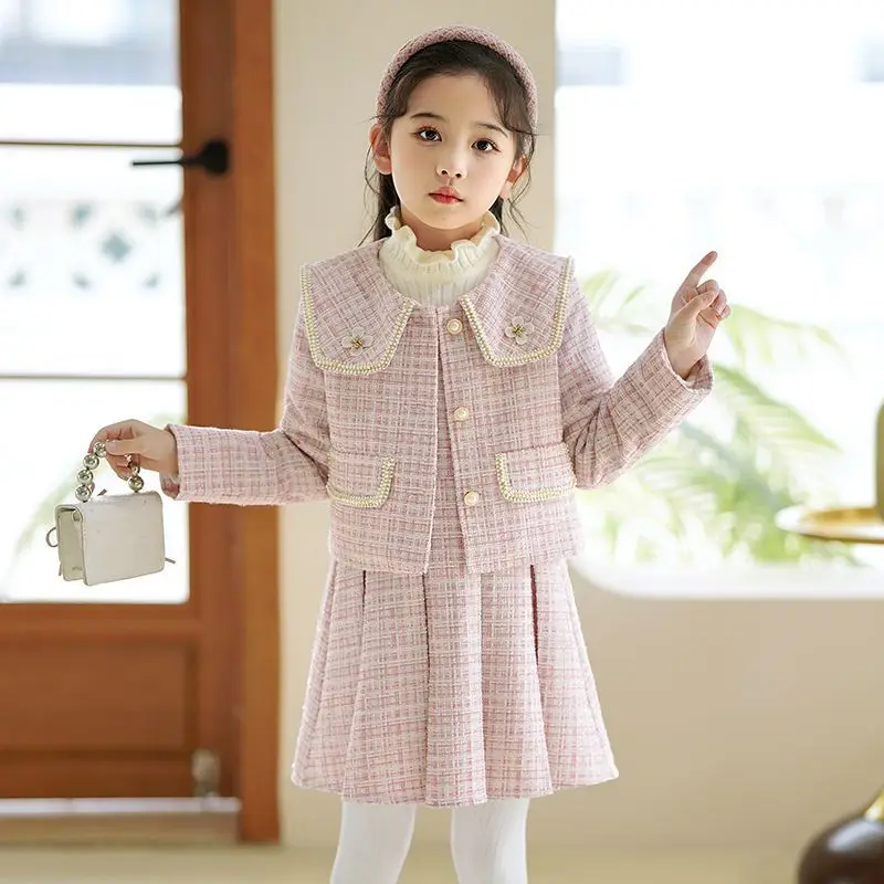 Fashion Kids Girls Princess Clothes Set Spring Autumn Teen Children Coat Outwear+Dress Vintage Outfits Suit for 3-12yrs