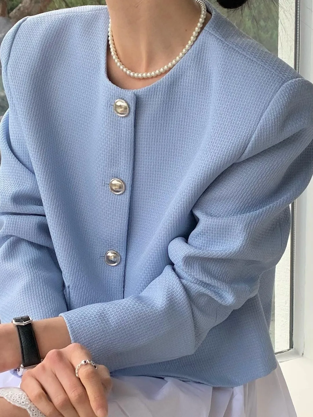 Blauw Koreaans Sle Loose Fit Lang Sve rond Ne Single Button Damespak Jaet Chic Casual Vest Top voor woon-werkverkeer