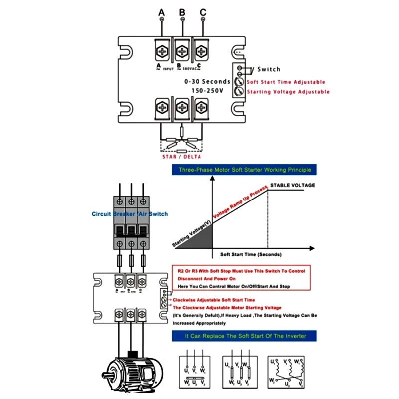 220V  Single-Phase Intelligent Motor soft Starter Soft Start Module Soft Start 50-60HZ Compatible 2/3/4/ 6/ 8KW SSR-100WA-R(4KW)