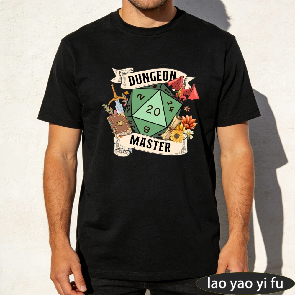 Dungeon Master D20 Dice with Dragon & Sword Art Print T-Shirt Men's Tabletop Gaming Casual Shirt O-neck Hot Sale cotton Tops