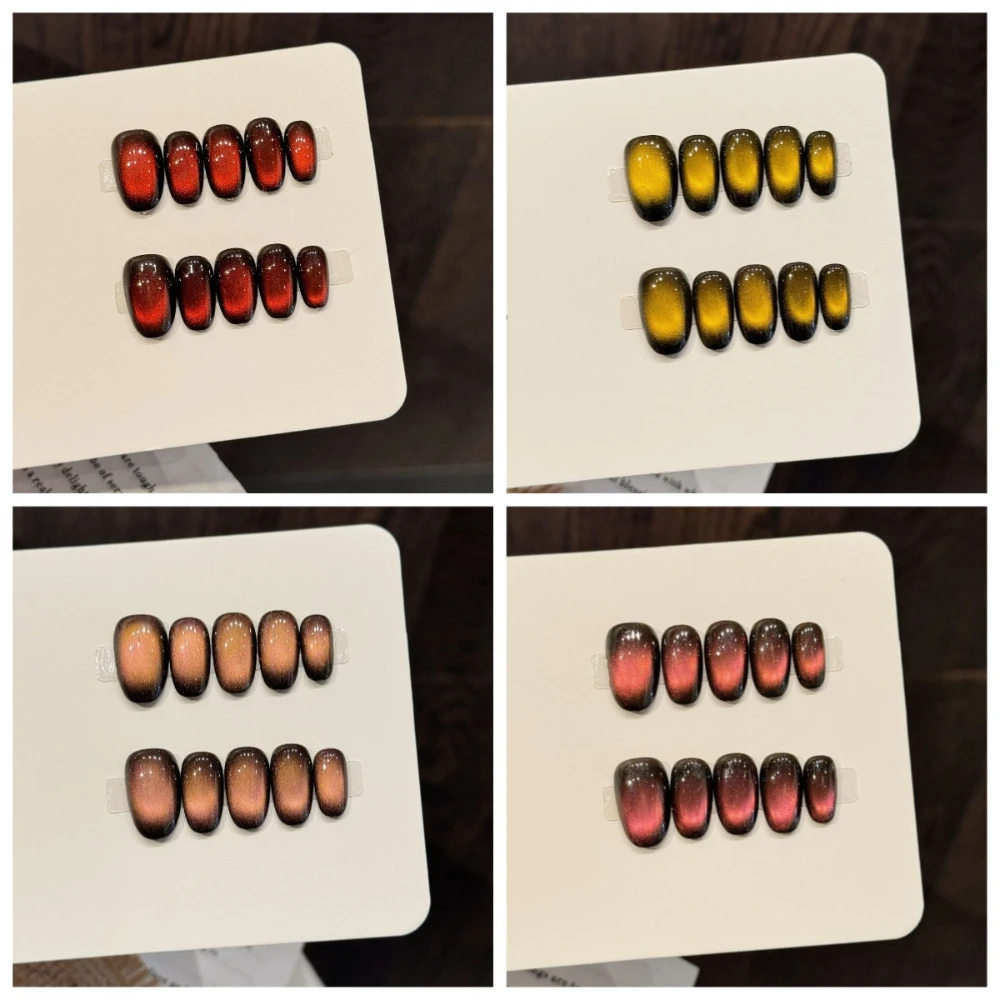 

10 Pieces Vibrant Vintage Velvet Nails Handmade Press On Nails Blush Gradient Glitter Cat Eye Art Fake Nails Removable Reusable